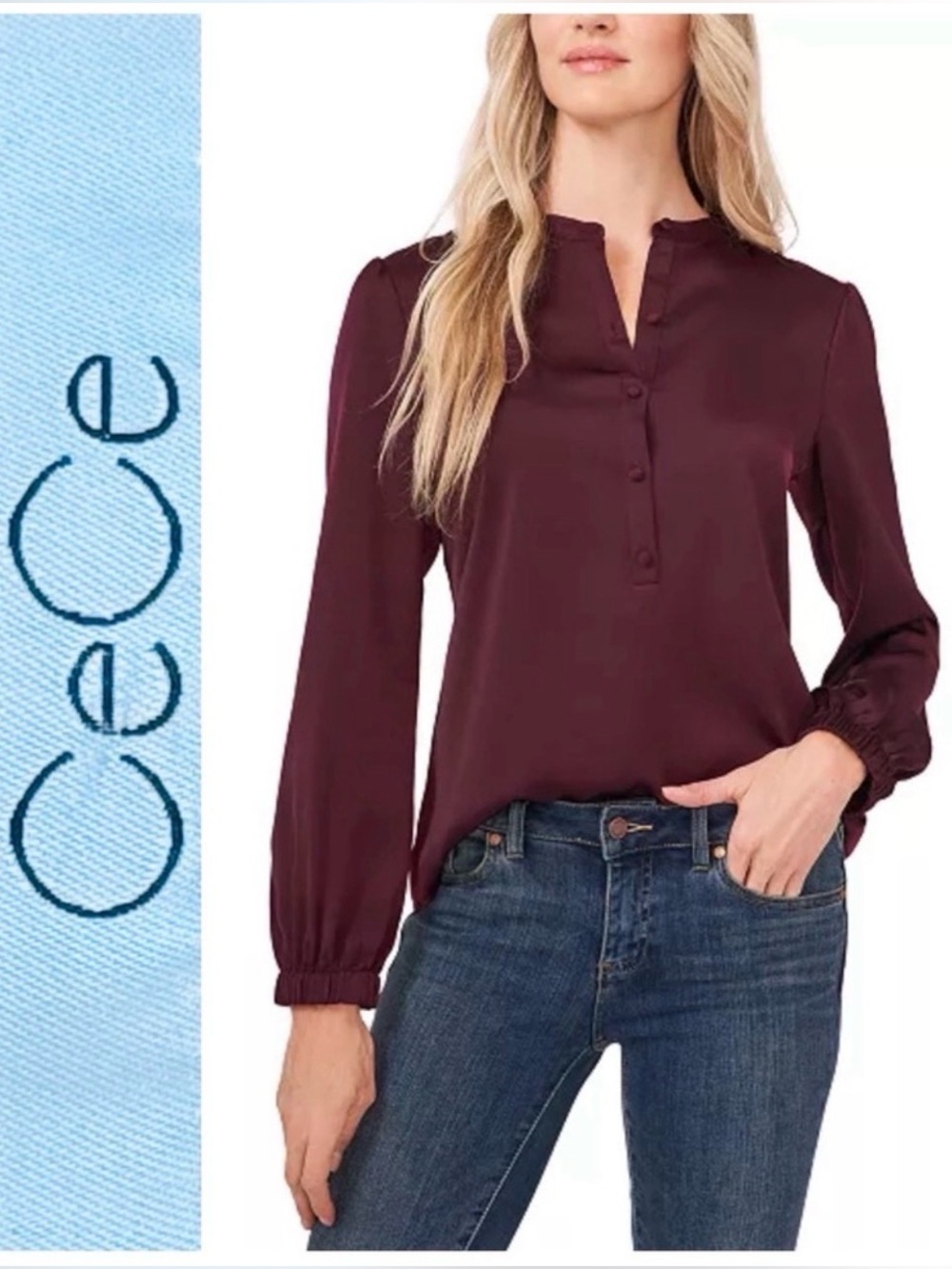 CeCe Blouse Burgundy elastic cuff blouson Long-Sleeve Crew Neck 3/4 Button large